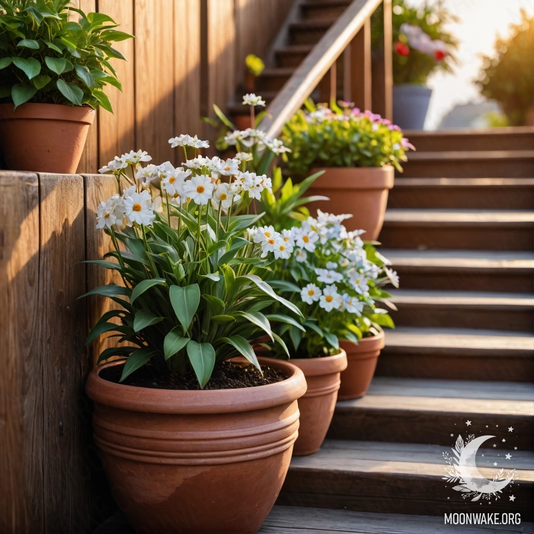 Деревянная лестница, украшенная цветочными горшками, на фоне яркого заката.