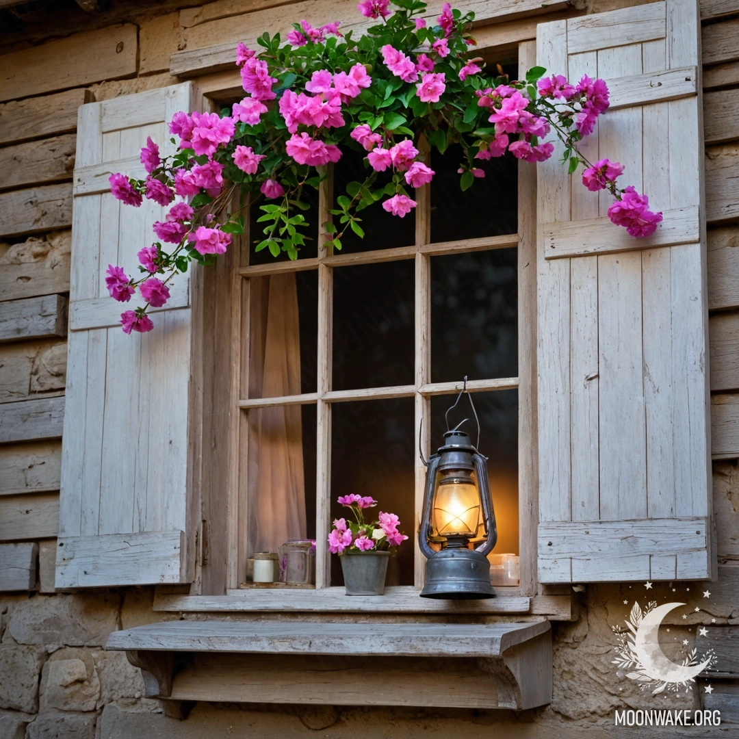 Старое деревянное окно с ставнями и керосиновой лампой, окруженное розовыми цветами на фоне заката.