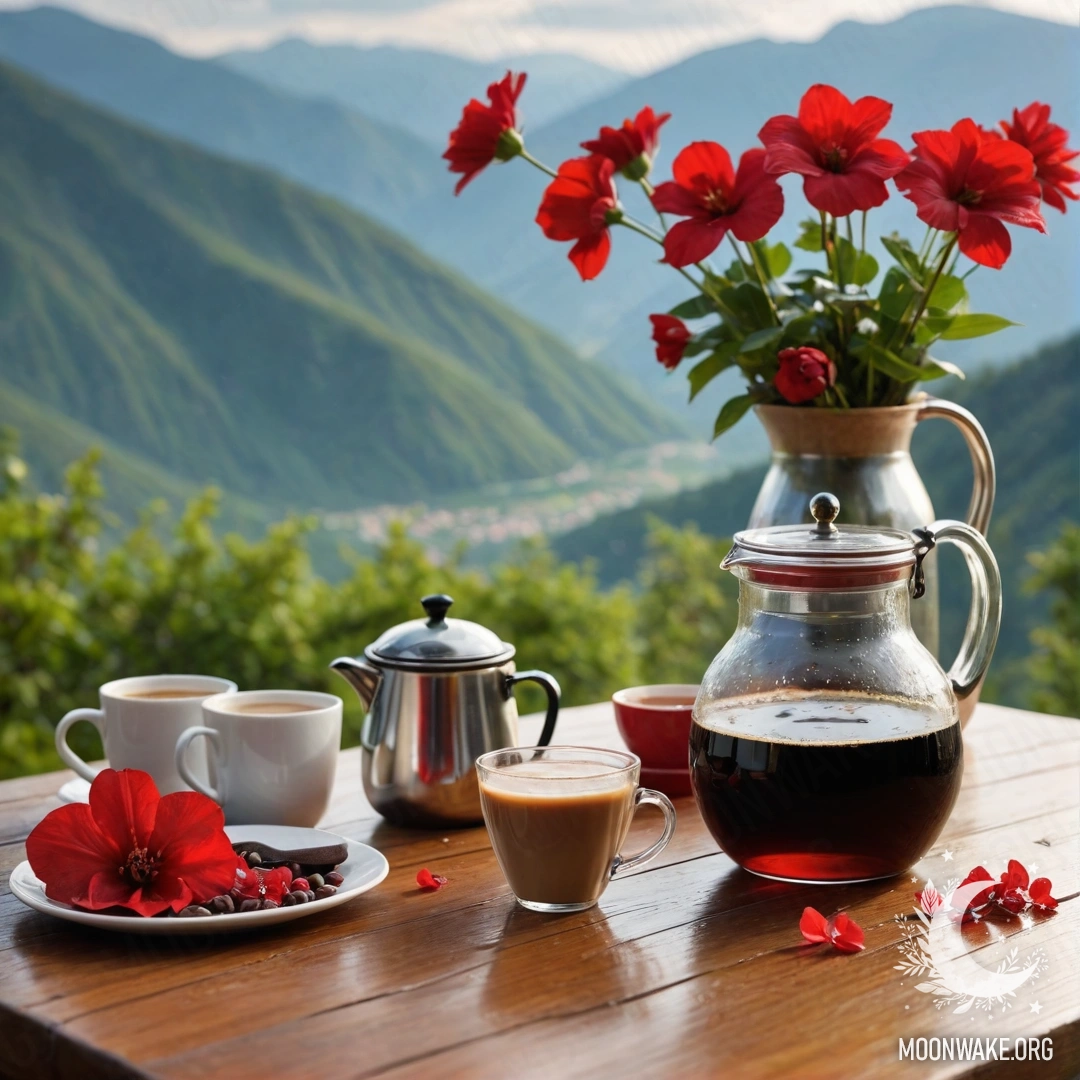 Спокойный деревянный стол с банкой красных цветов, кофейником и чашками на фоне гор, под мягким дождем.