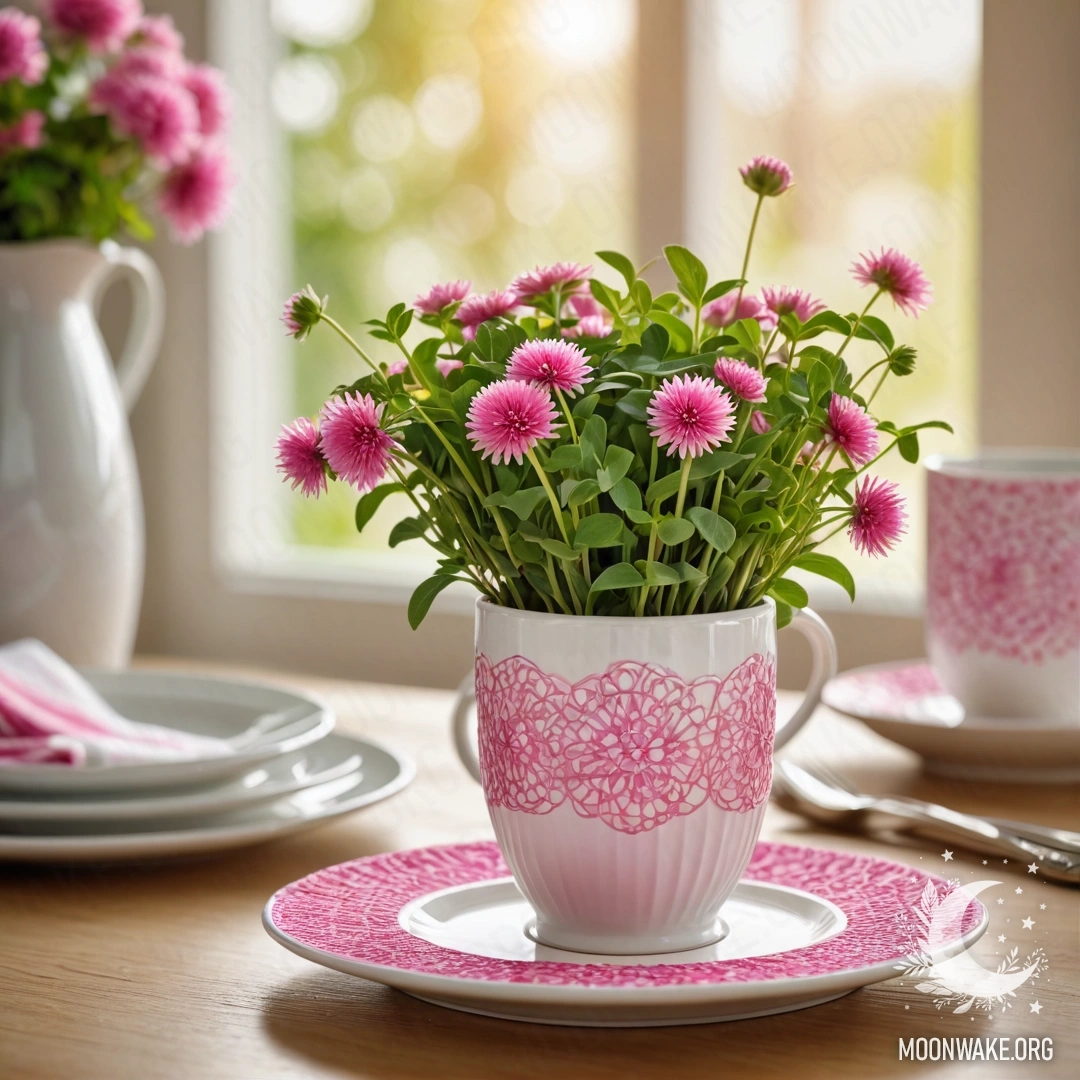 Круглая соломенная салфетка с фарфоровыми чашками белого цвета и розовым узором, клевер в белом вазе, освещённый солнечными лучами.