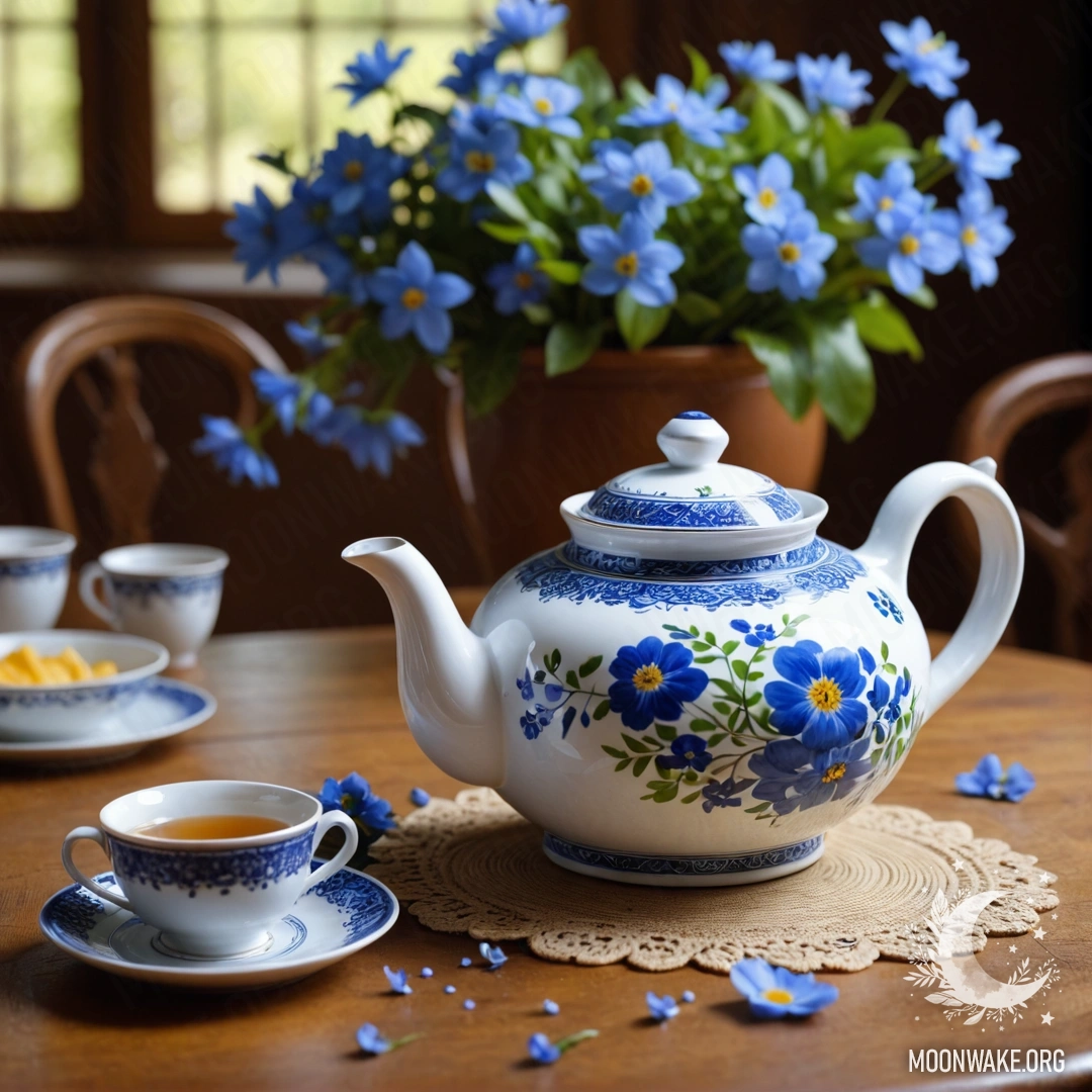 Круглый деревянный стол с фарфоровым чайником, украшенным голубыми цветами.