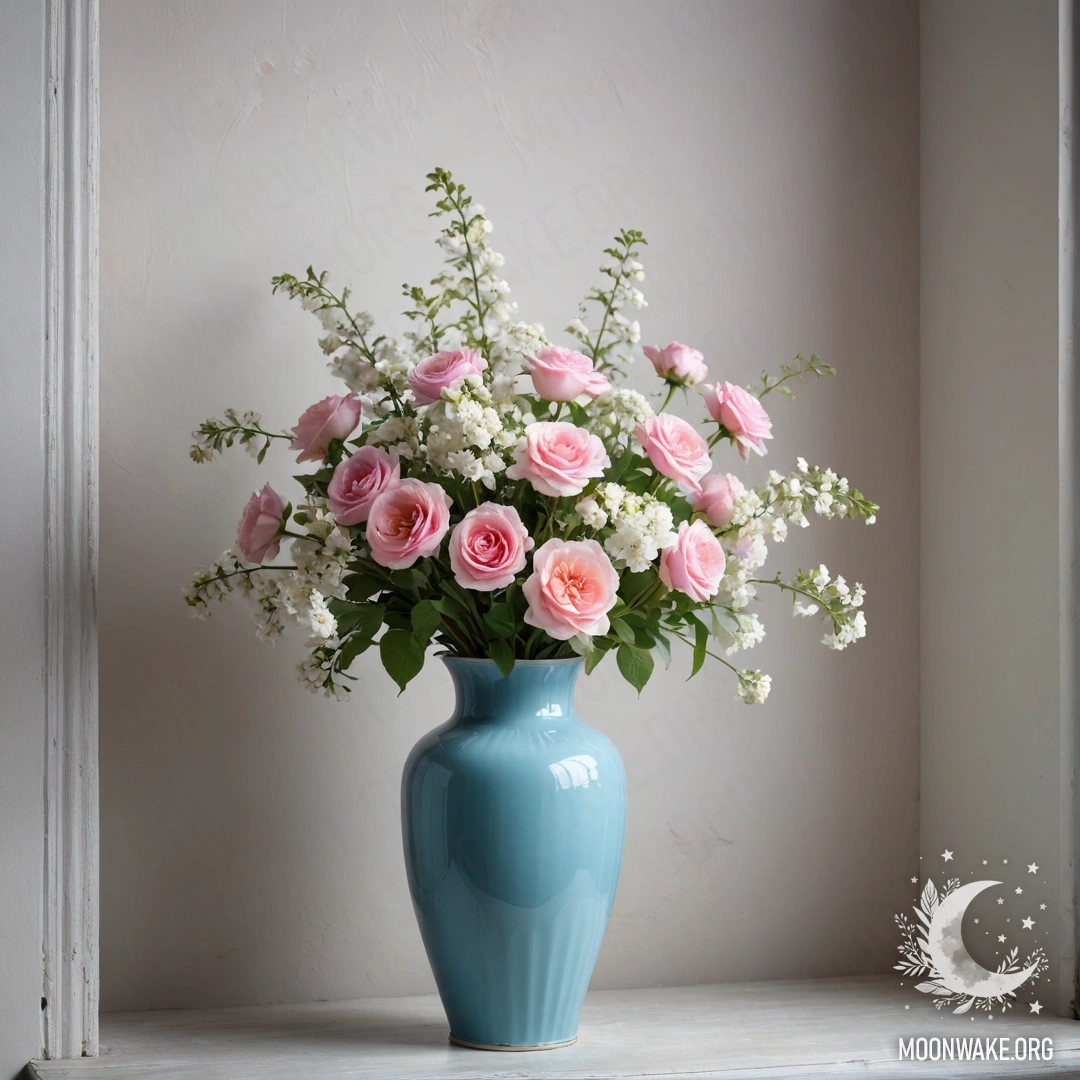 Потрепанная пастельно-голубая металлическая ваза с белыми и розовыми цветами на фоне потрепанной белой стены в ночное время.