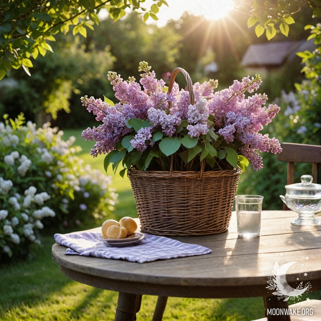 Спокойный винтажный деревянный стол с корзиной сирени в саду на закате.
