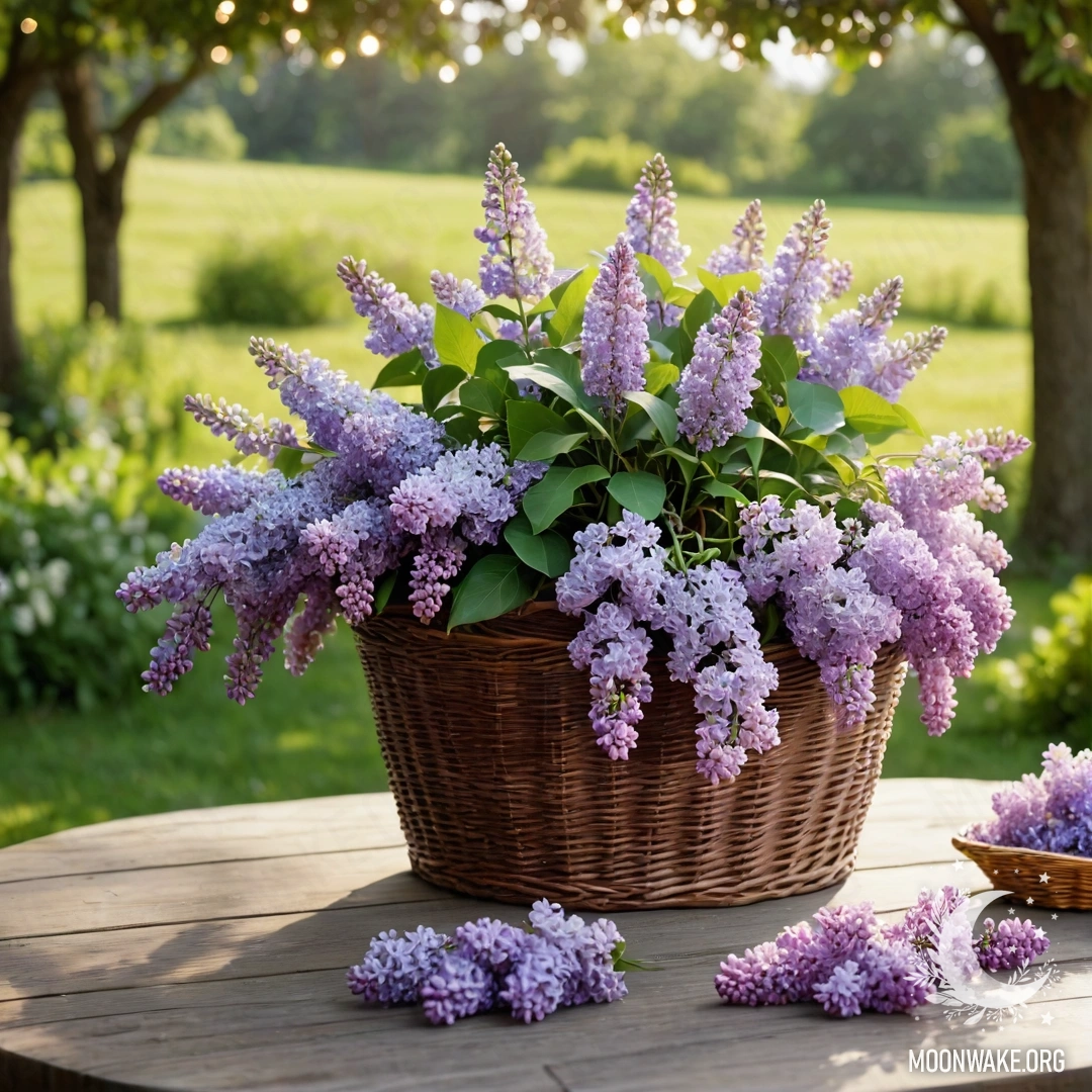 Винтажный деревянный стол в саду, украшенный корзиной с сиренью и гирляндой светов.