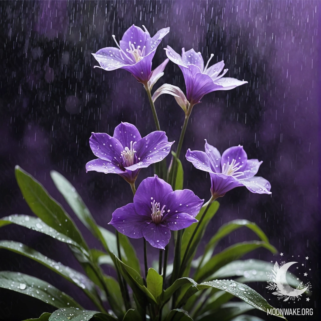 Спокойный букет фиолетовых цветов в тумане под дождем ночью.