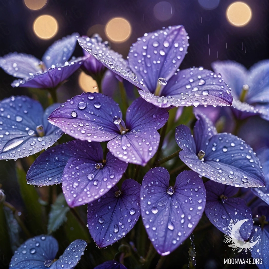 Спокойная фиолетовая сцена ночью, украшенная синими каплями росы и стразами.