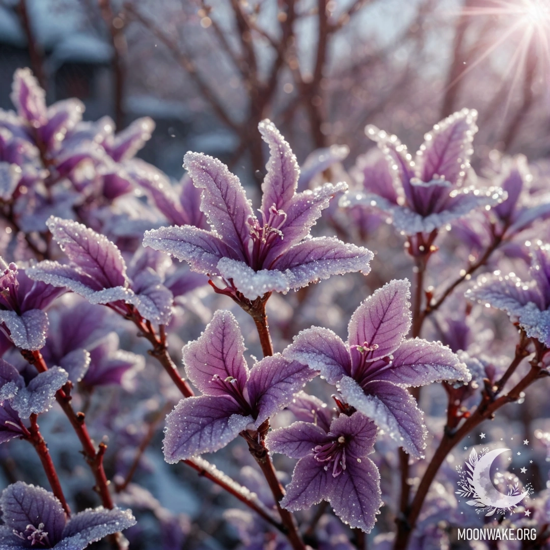 Спокойная фиалка на морозе с солнечными лучами, освещающими красные блестки.