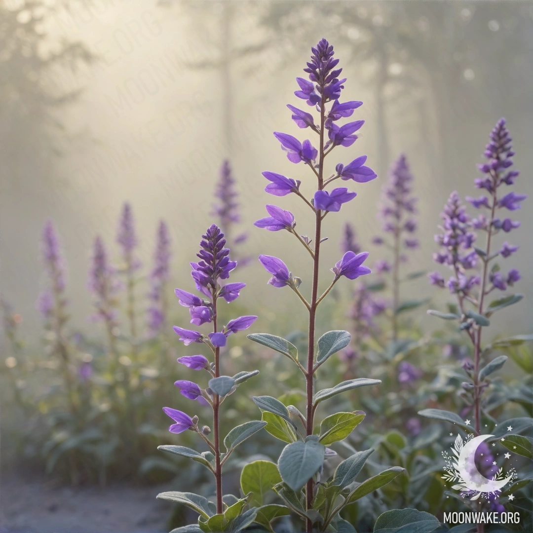 Спокойная сцена с нежным фиолетовым цветком, окружённым туманом, на фоне солнечных лучей и шалфейной атмосферы.