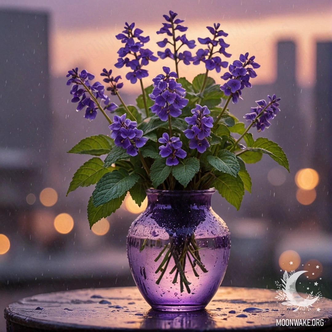 Прекрасная фиалка в вазе цвета мяты под дождем на закате.