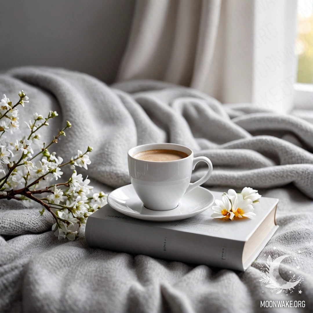 Уютное белое кресло с серым вязаным пледом, книгой, веткой с белыми цветами и белой чашкой кофе, залитой солнечными лучами.