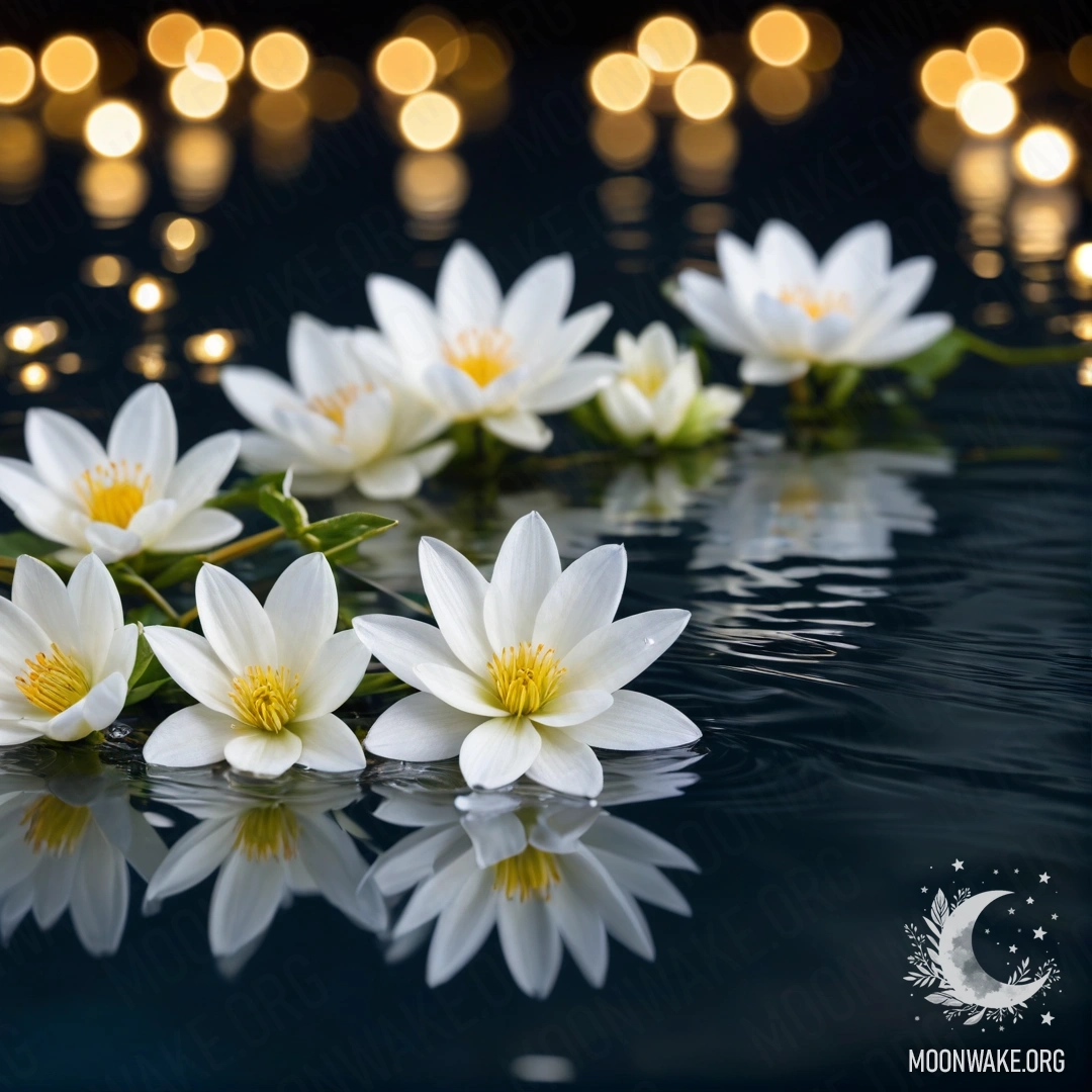Умиротворяющая сцена: белые цветы плавают на поверхности воды, освещенные мягким светом гирлянды.
