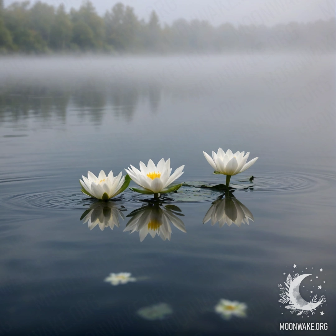 Спокойная картина, изображающая белые цветы, плавающие на поверхности воды, окутанной густым туманом.