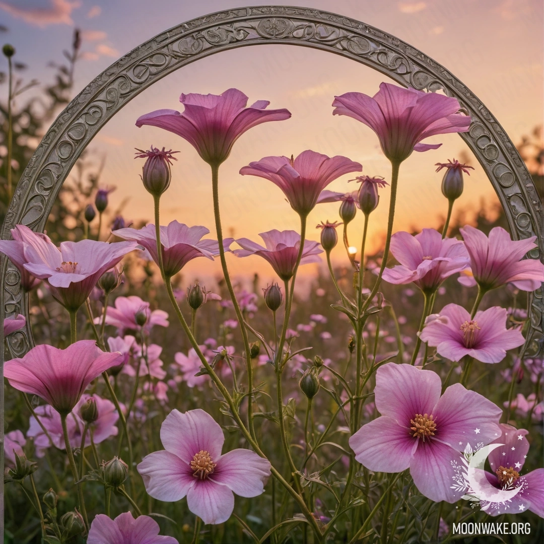 Спокойный пейзаж полевых цветов розового цвета под закатным небом, украшенный стразами.