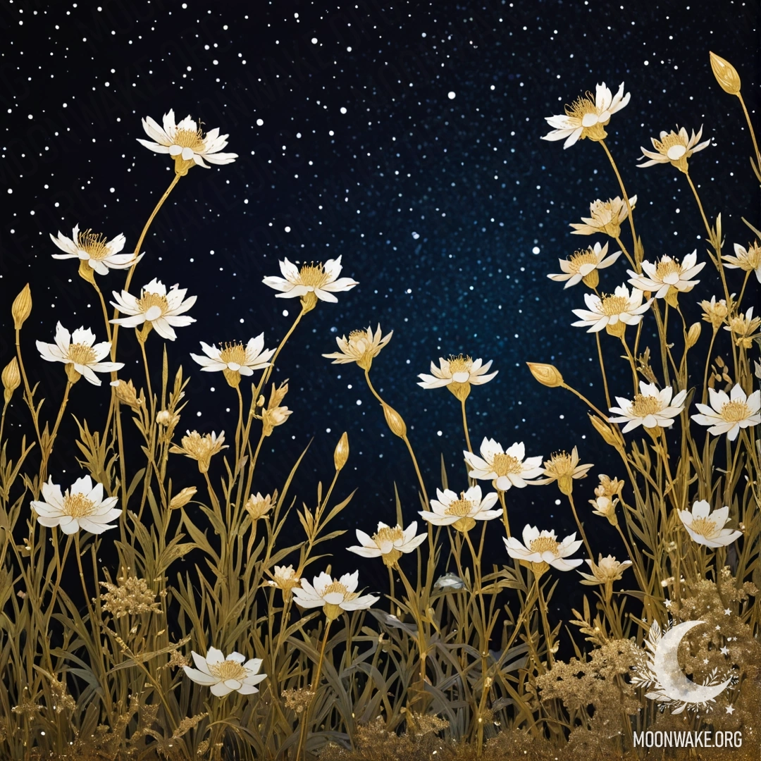 Умиротворяющая ночная сцена с полевыми цветами, сверкающими золотыми блестками.