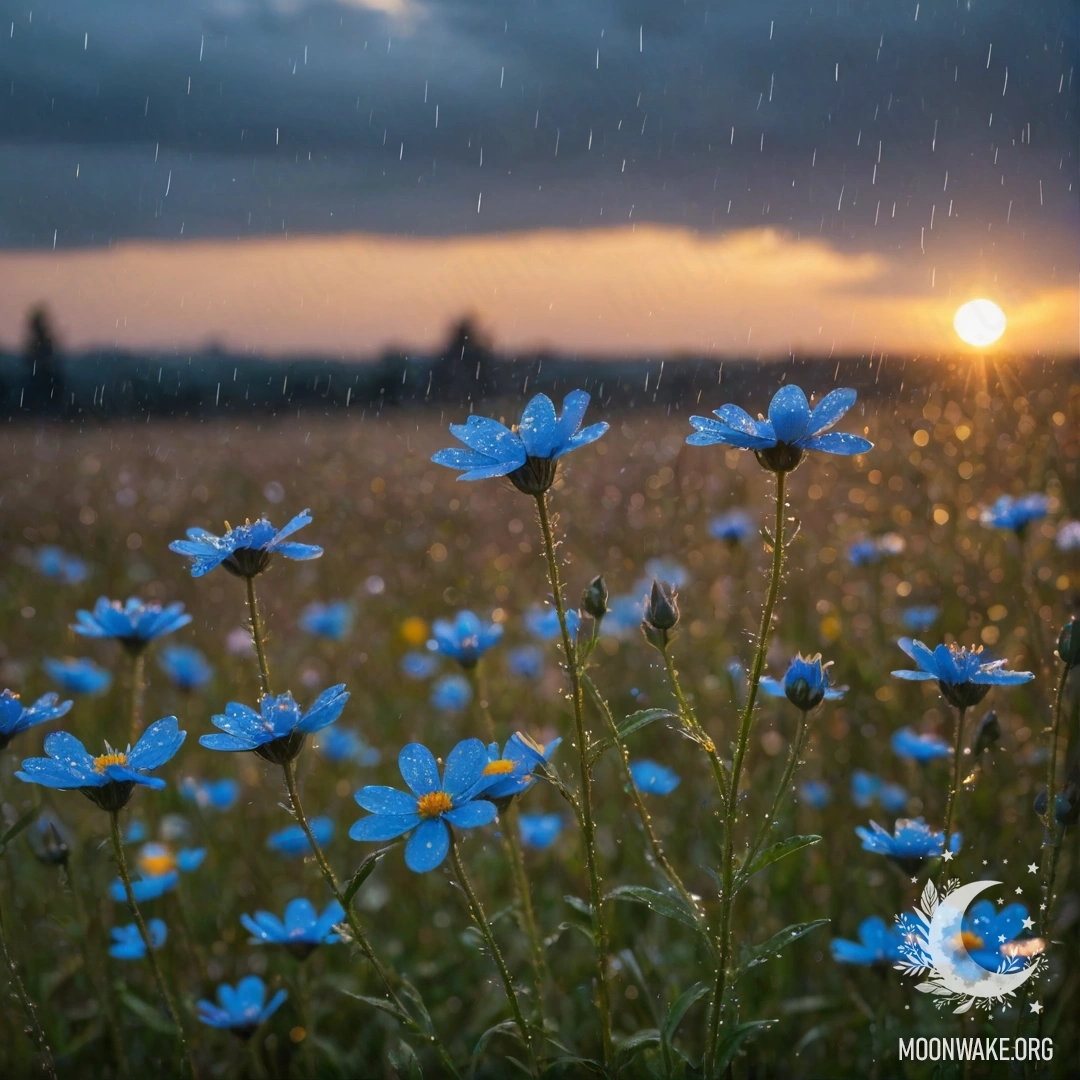 Спокойная сцена с синими полевыми цветами под дождем на закате, красиво сверкающими.