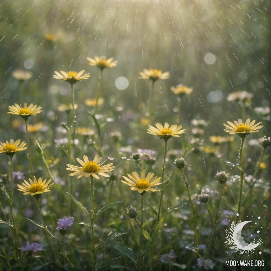 Живописный вид на полевые цветы под нежным дождем с солнечными лучами, пробивающимися сквозь облака, в оливковых оттенках.