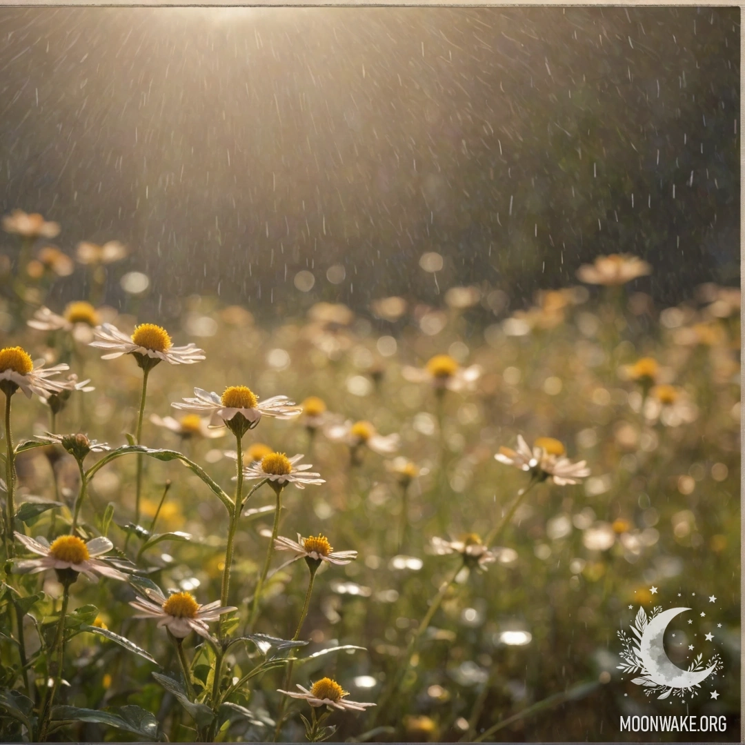 Спокойная сцена с полевыми цветами, пропитанными дождем, на фоне пробивающегося солнца, напоминающая старую открытку.