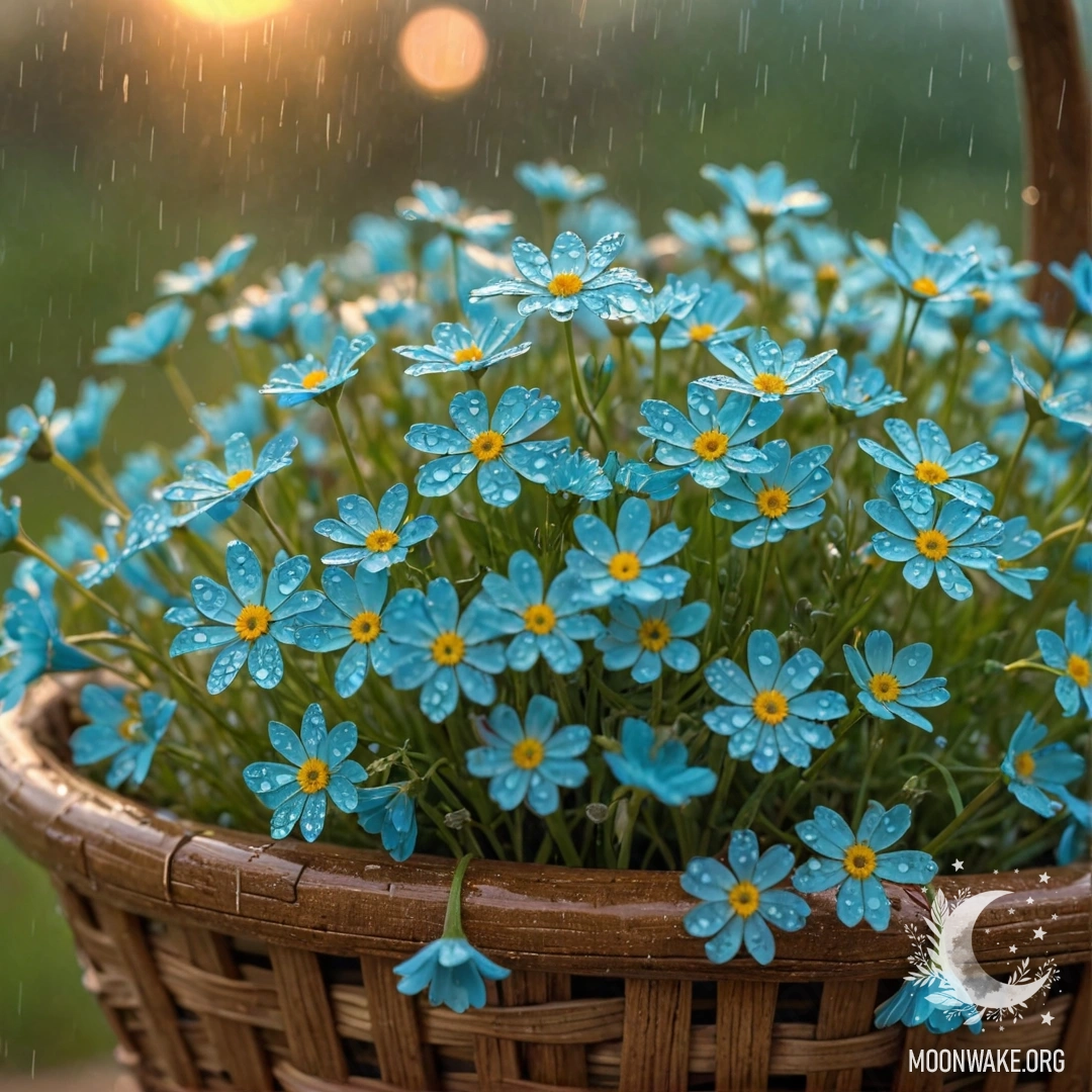 Корзина, наполненная полевыми цветами аквамаринового цвета, под дождем на закате.