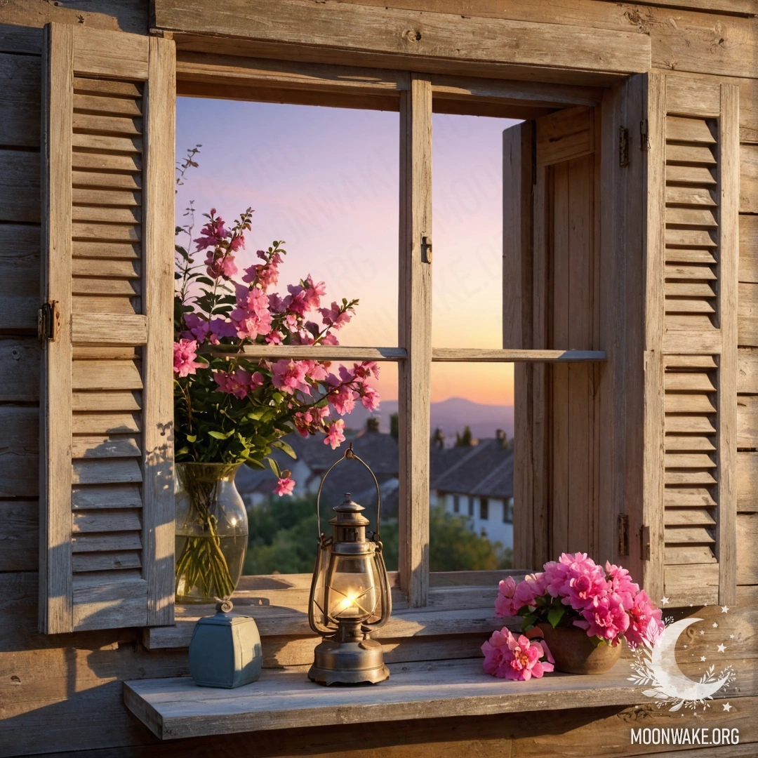Деревянное окно с потертой рамой, украшенное розовыми цветами, сверху освещенное керосиновой лампой на фоне заката.