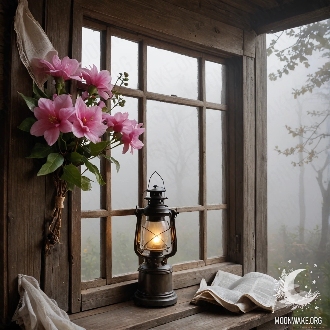 Старое деревянное окно с ставнями, керосиновая лампа и ветви розовых цветов в густом тумане.