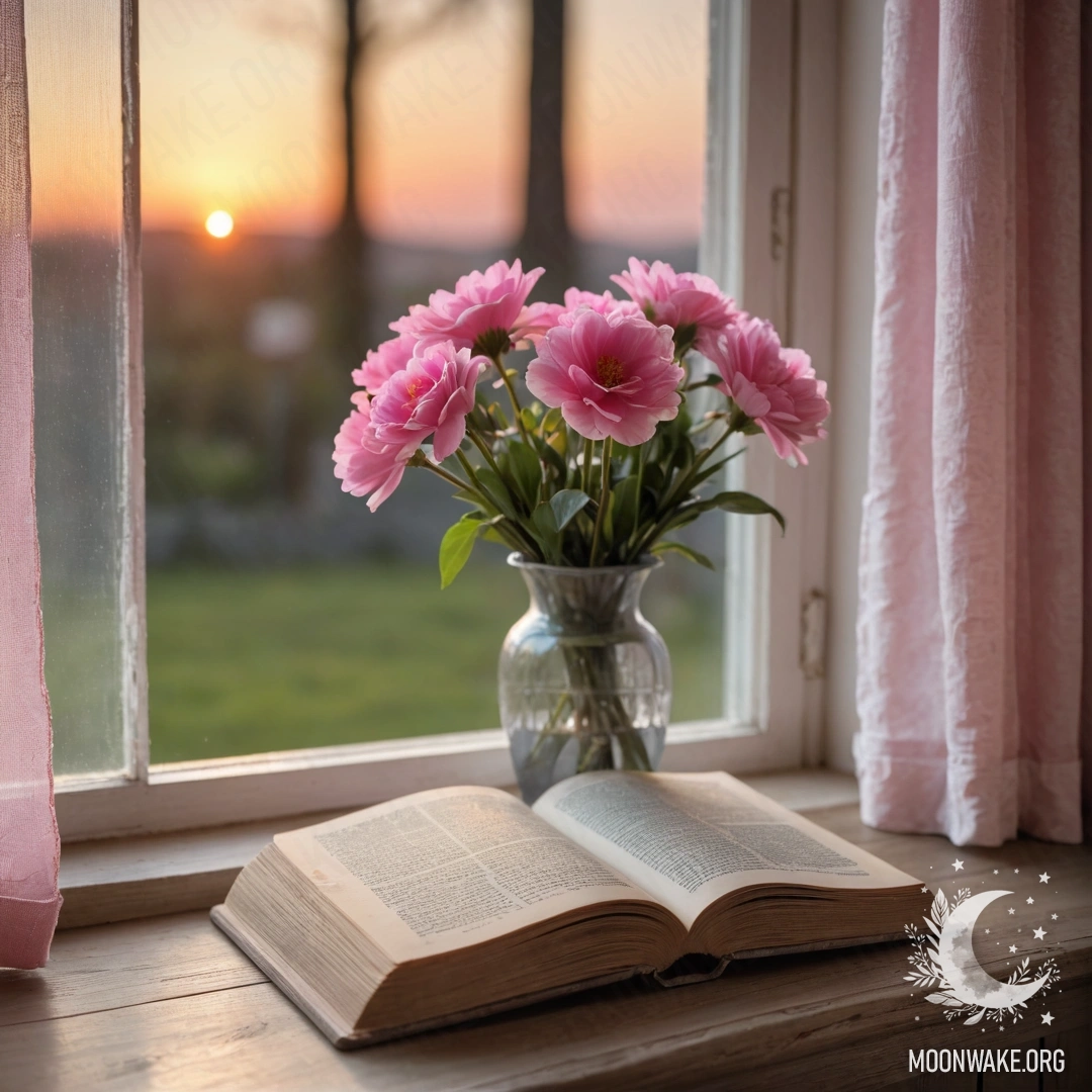 Старинная потертая книга на деревянном подоконнике с серой вазой и розовыми цветами, окутанная розовой занавеской на закате.