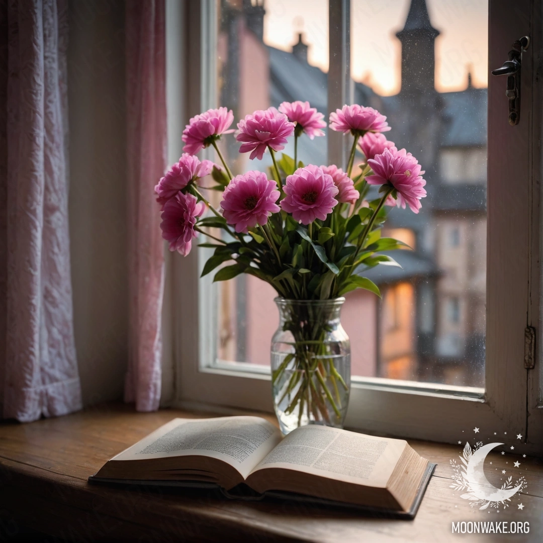 Деревянный подоконник с потертой книгой и серой вазой, в которой находятся розовые цветы, зашторенный розовой занавеской в ночное время.