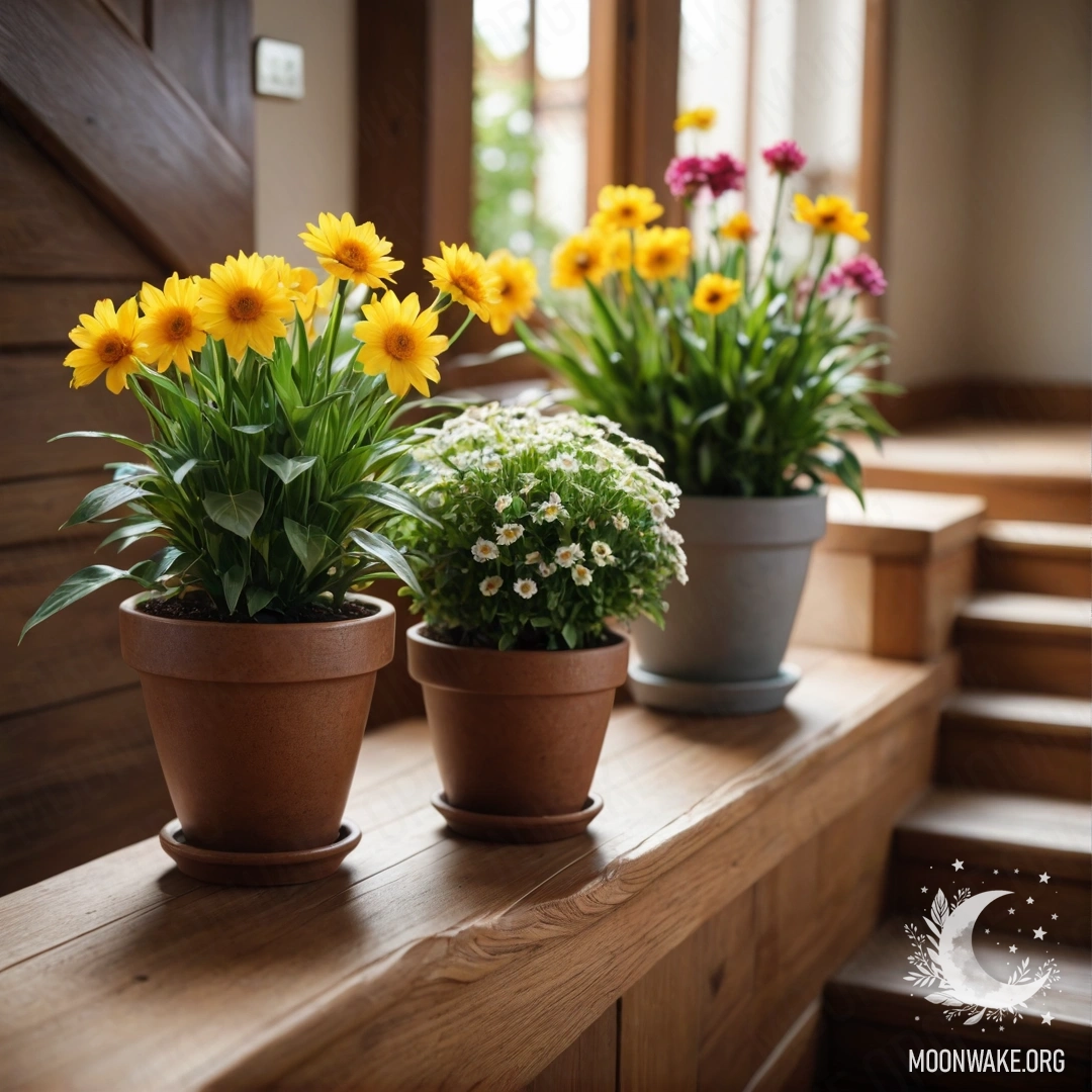 Спокойная деревянная лестница, украшенная горшками с цветами и линзами.