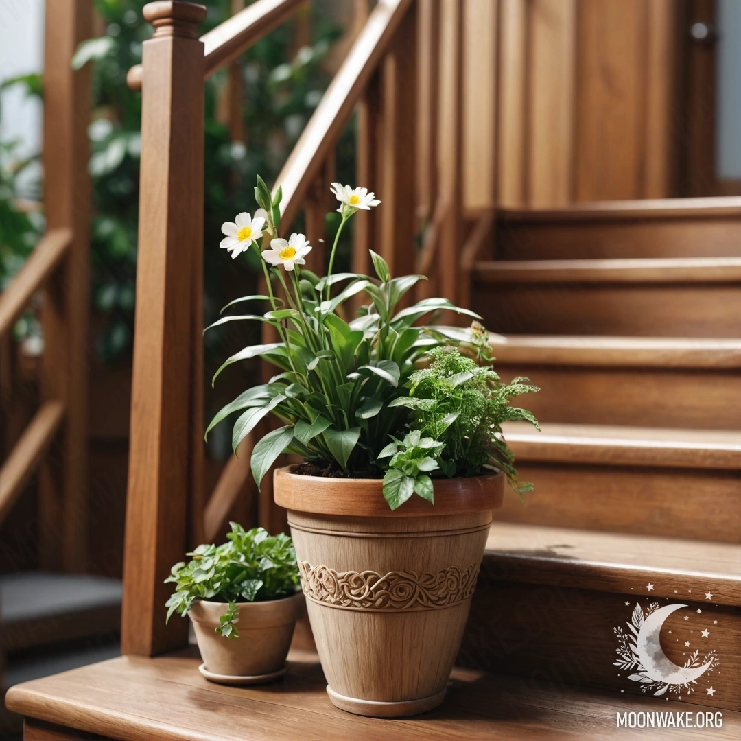 Красивая деревянная лестница, украшенная цветочными горшками, создающая мирную атмосферу.
