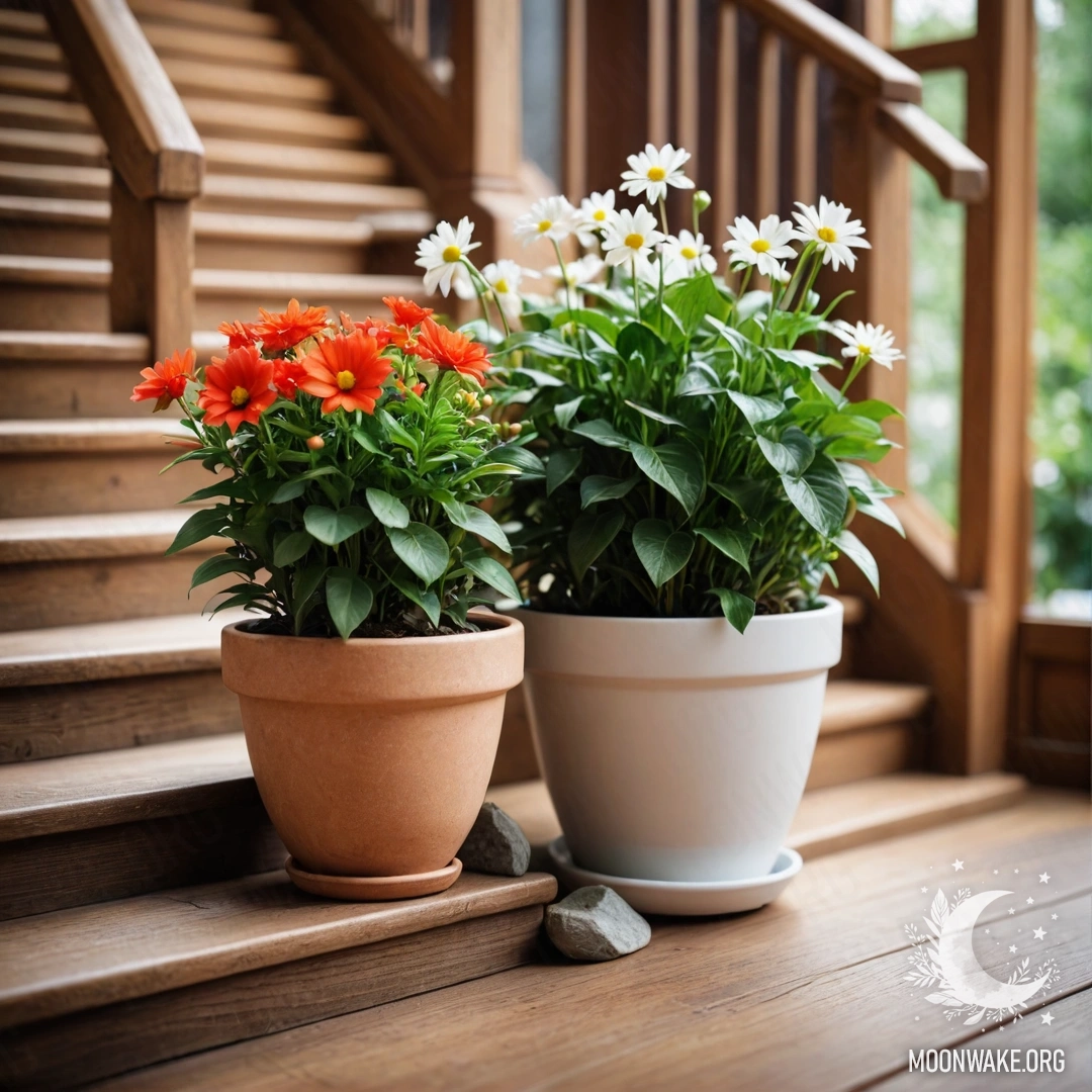 Деревянная лестница, украшенная цветочными горшками и мягким светом.