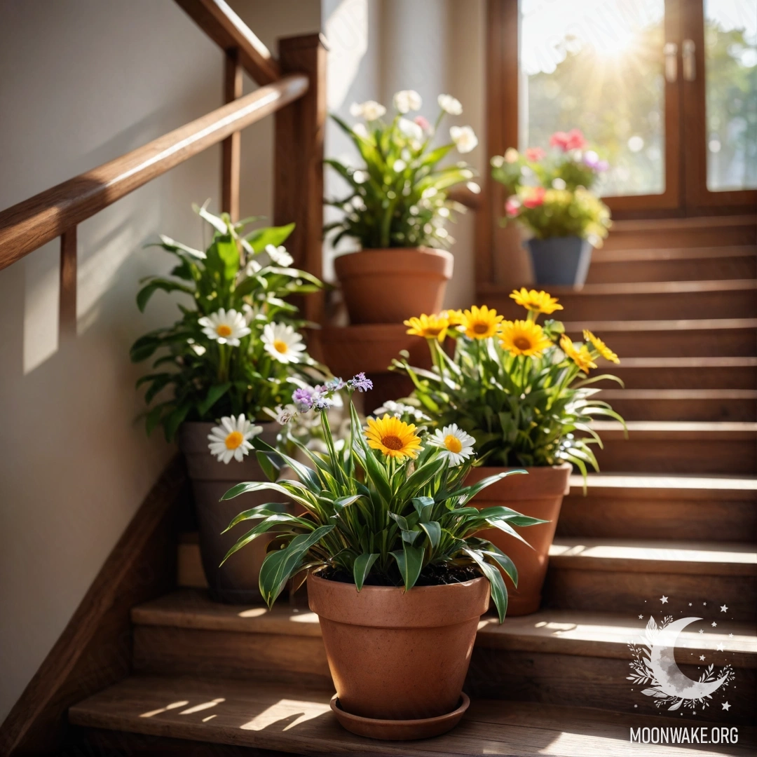 Деревянная лестница, украшенная цветочными горшками на солнце.