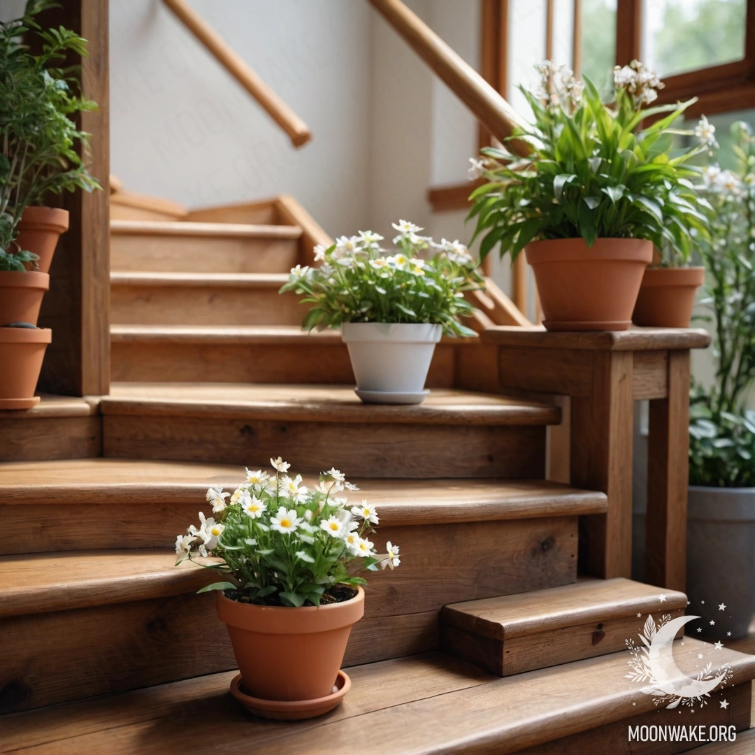 Деревянная лестница, украшенная цветочными горшками, создающая спокойную атмосферу.