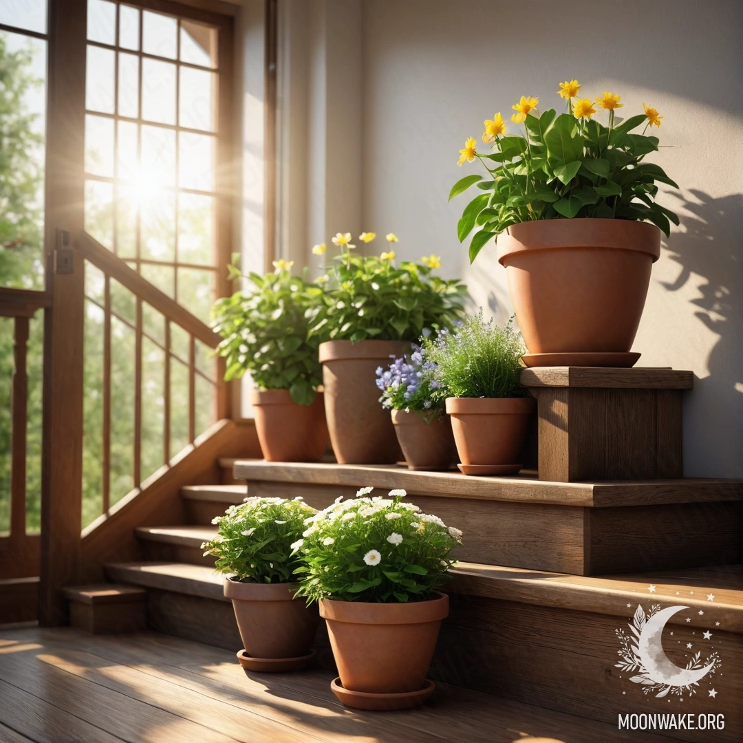 Деревянная лестница, украшенная цветочными горшками, купающимися в солнечном свете.
