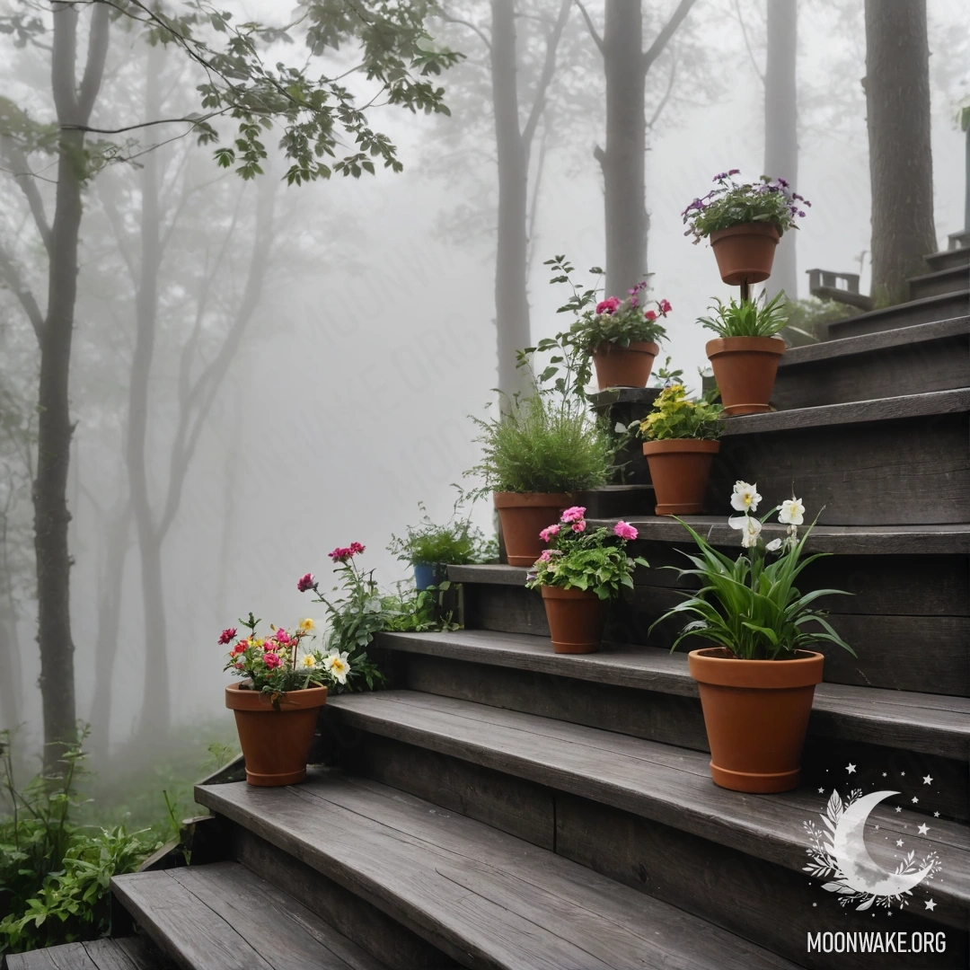 Деревянная лестница, украшенная цветочными горшками, окруженная густым туманом.