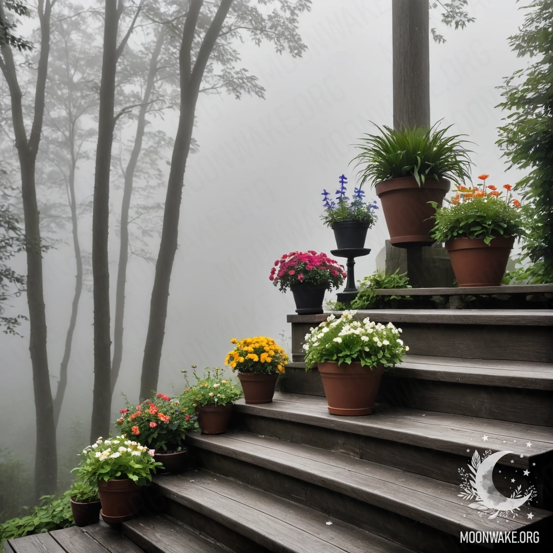 Спокойная деревянная лестница, окруженная цветочными горшками в густом тумане.