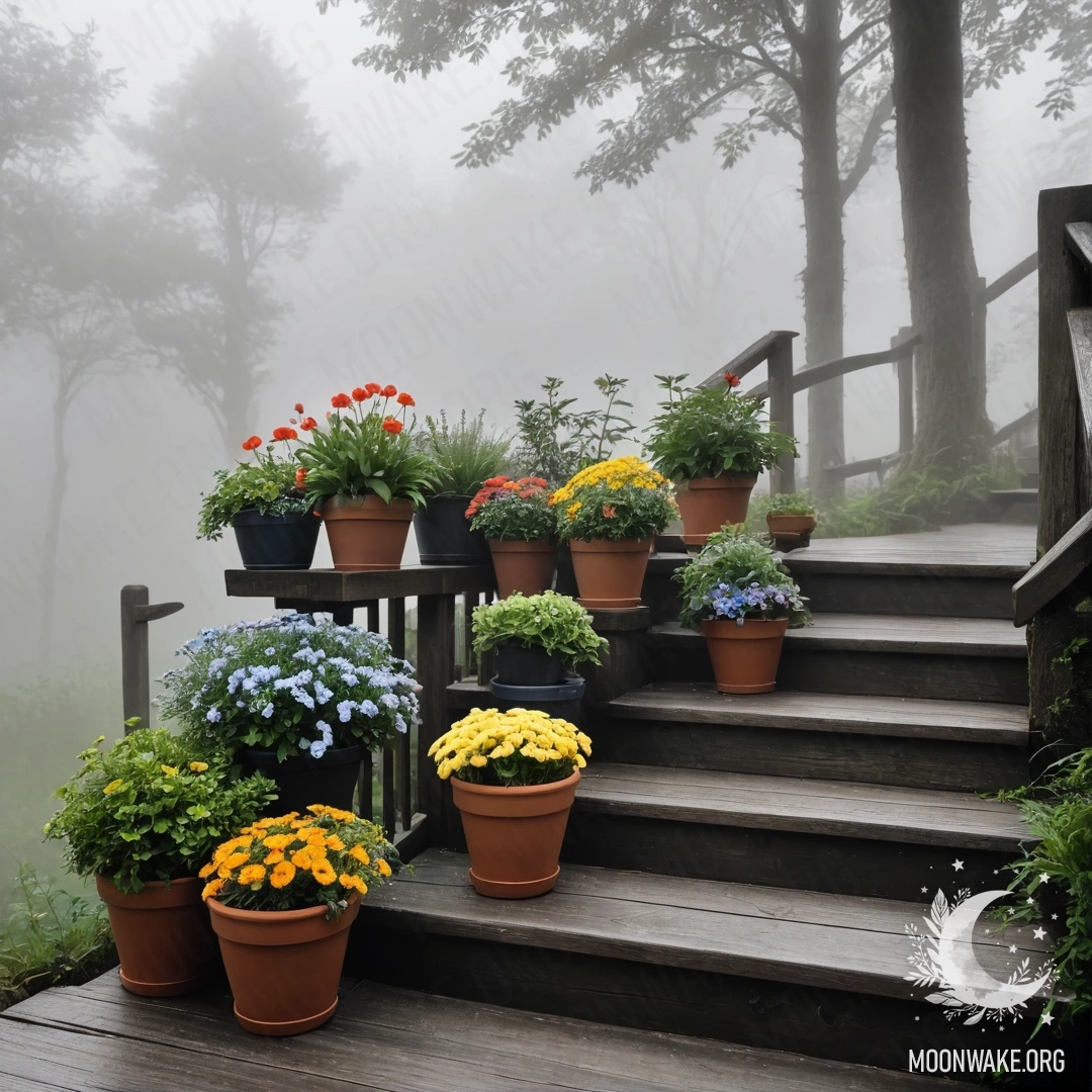 Спокойная деревянная лестница, украшенная цветочными горшками, окутанная густым туманом.