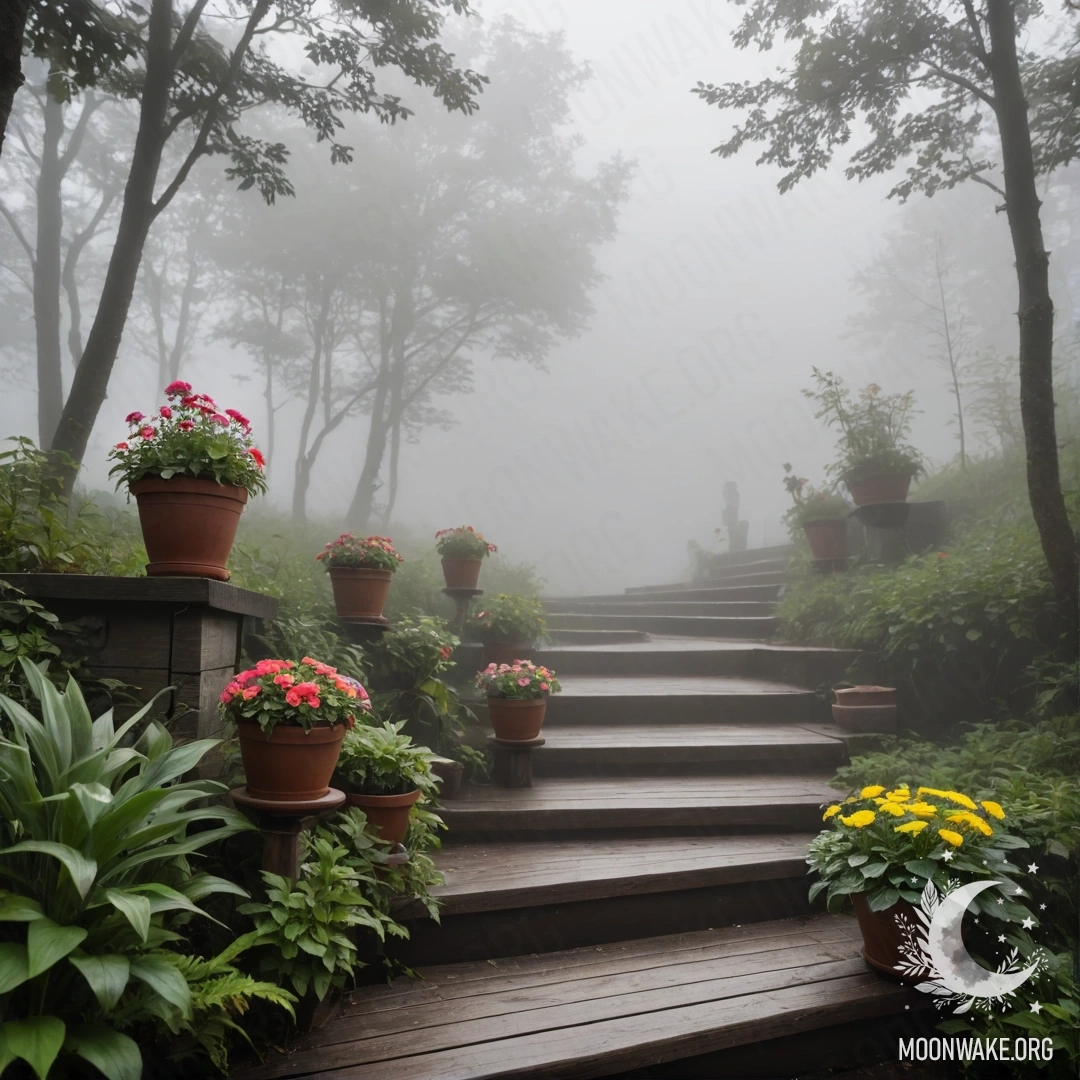 Уютная деревянная лестница, украшенная цветочными горшками, окутанная густым туманом.