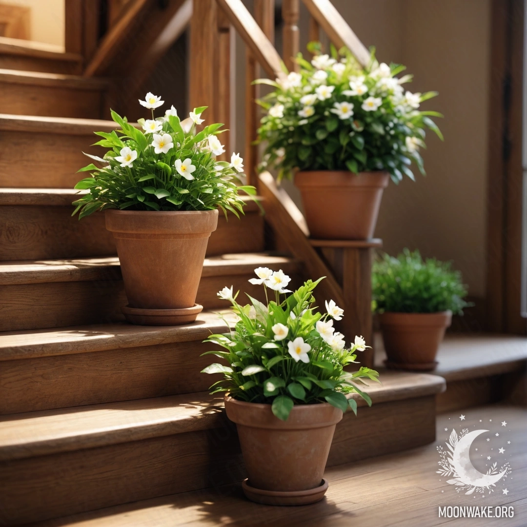 Деревянная лестница, украшенная цветочными горшками и нежными огоньками гирлянды.