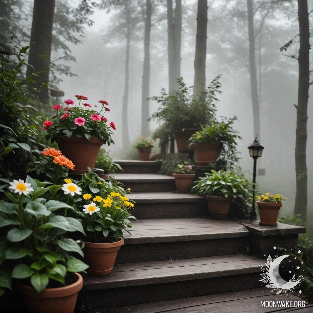 Спокойная деревянная лестница, украшенная цветочными горшками в густом тумане.