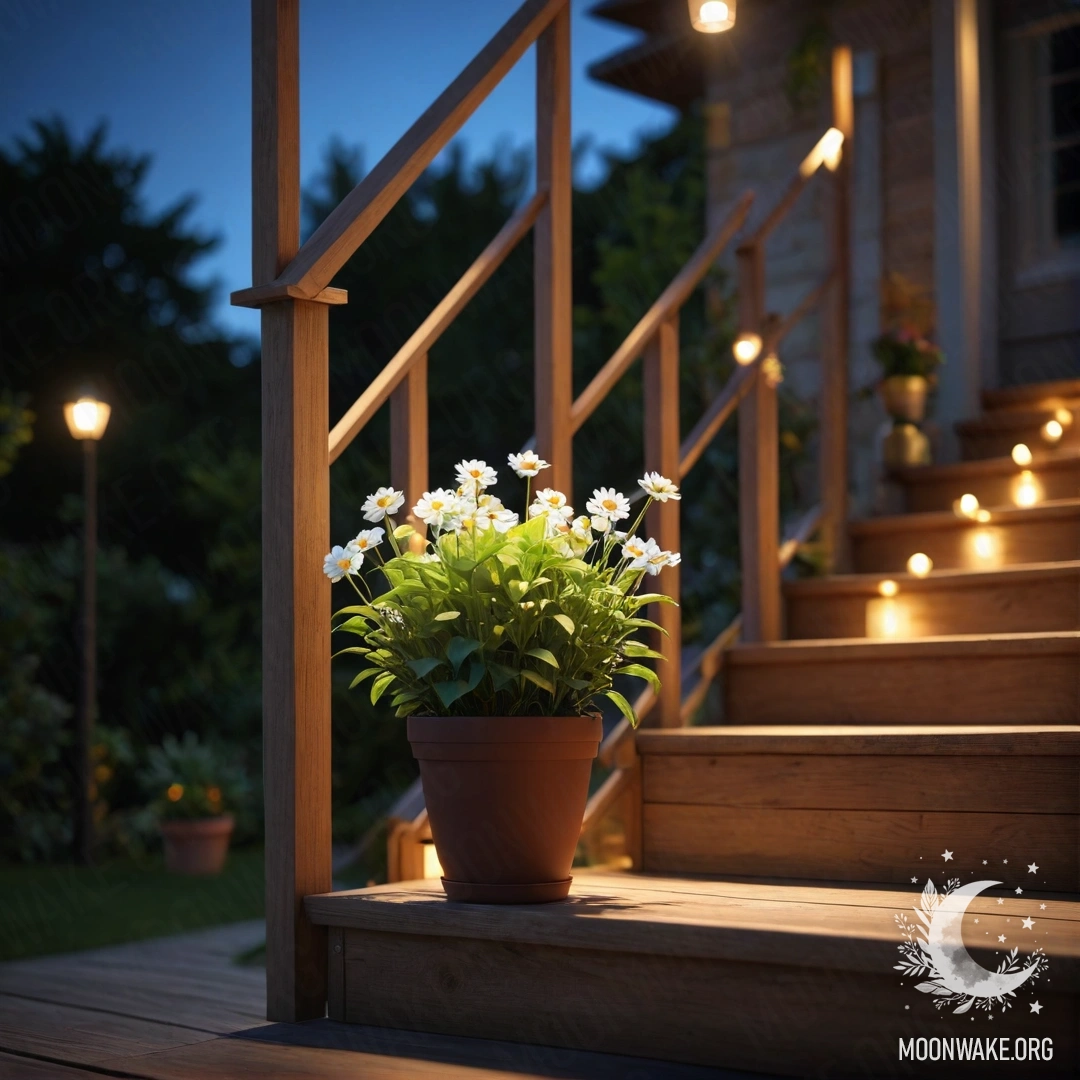 Спокойная деревянная лестница, украшенная цветочными горшками, освещенная мягким светом ночи.