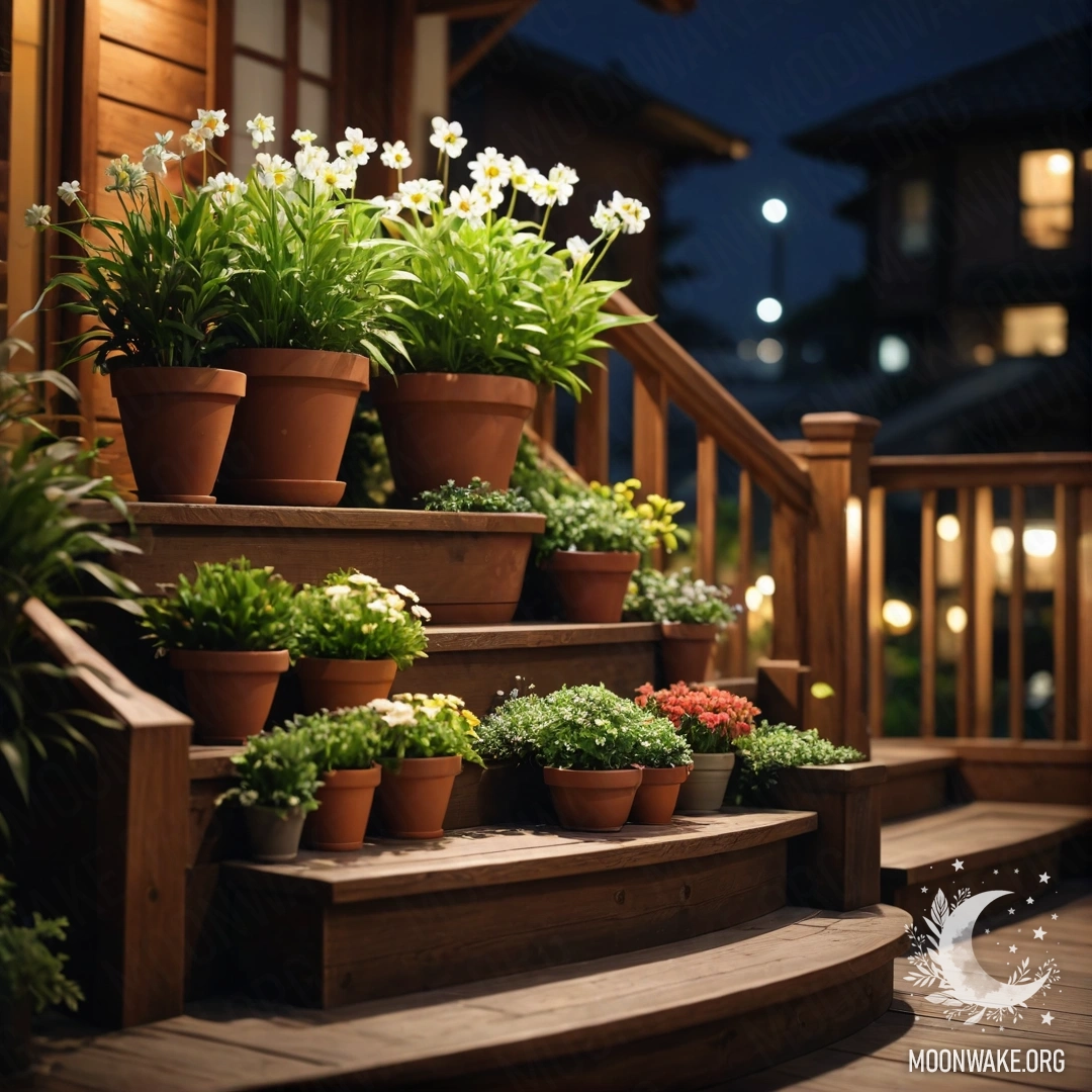 Мирная деревянная лестница, украшенная цветочными горшками ночью.