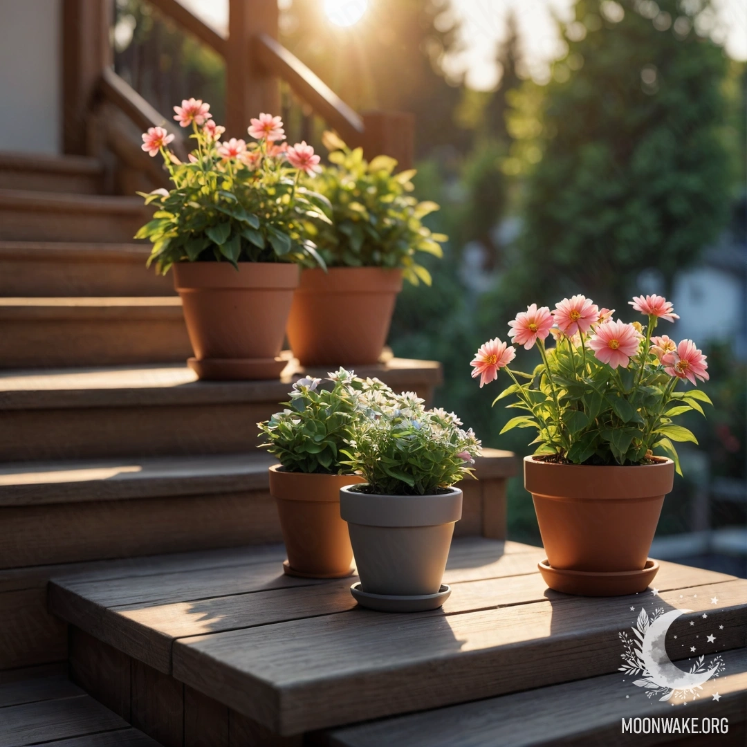 Деревянная лестница, украшенная цветочными горшками на закате.