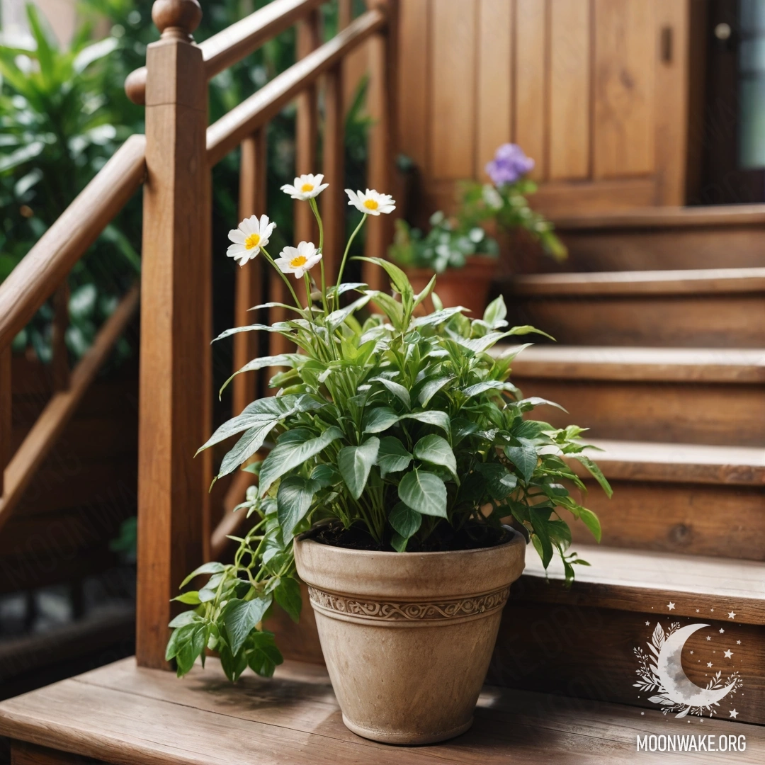 Деревянная лестница, украшенная цветочными горшками, создающая атмосферу спокойствия.