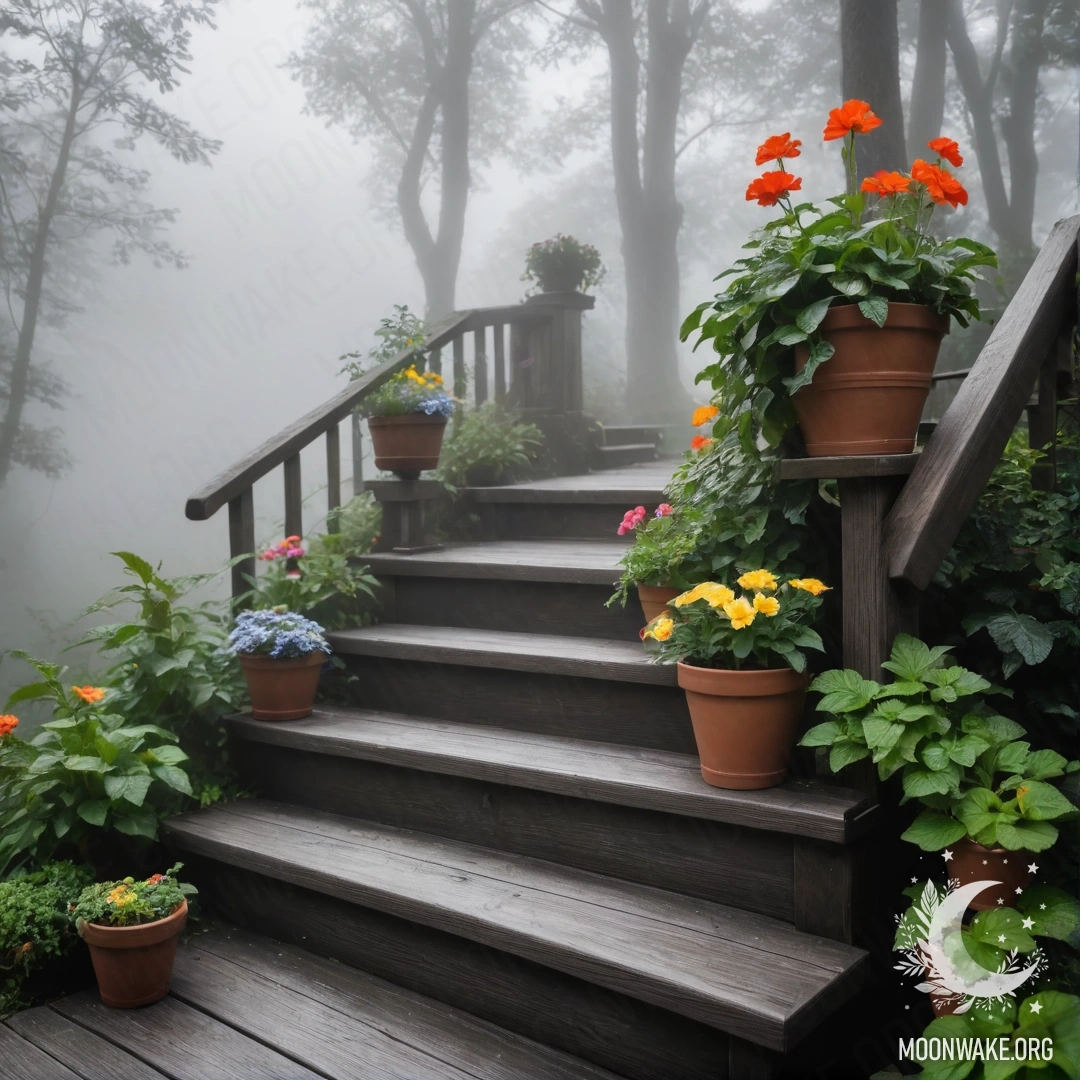 Спокойная деревянная лестница, окруженная цветочными горшками в густом тумане.