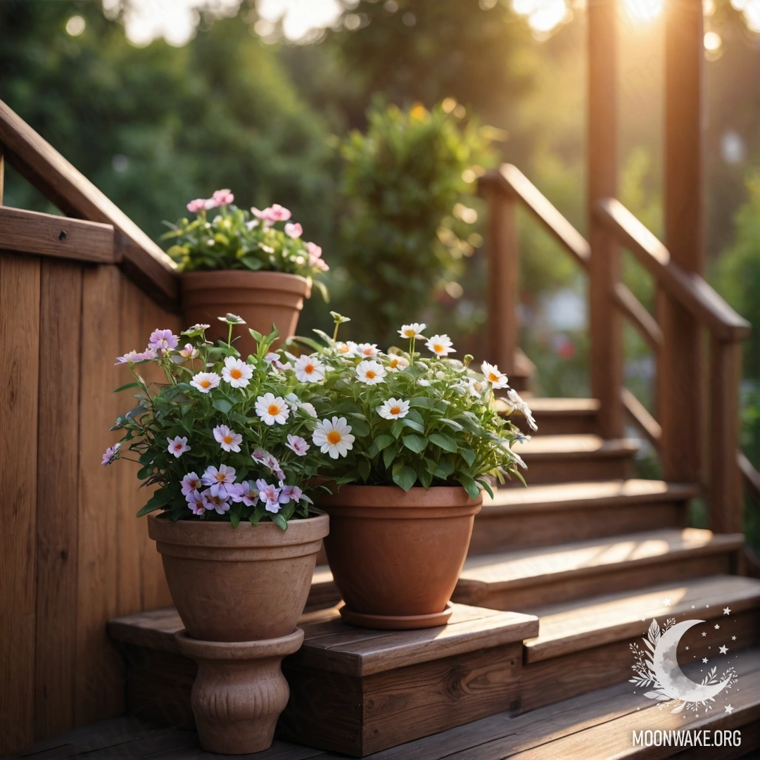 Деревянная лестница, украшенная цветочными горшками на закате.