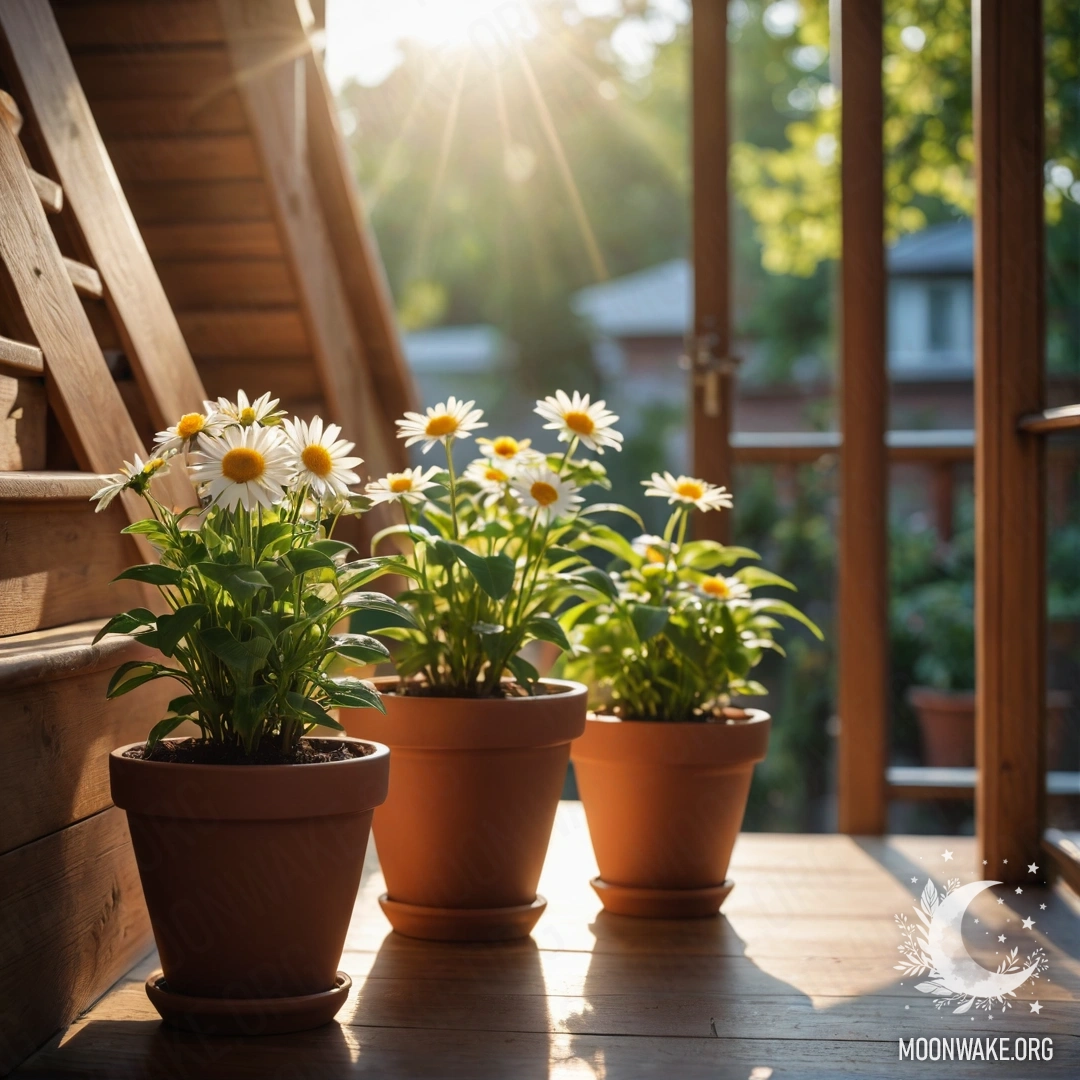 Деревянные ступеньки, украшенные цветочными горшками, нежно освещённые солнечными лучами.