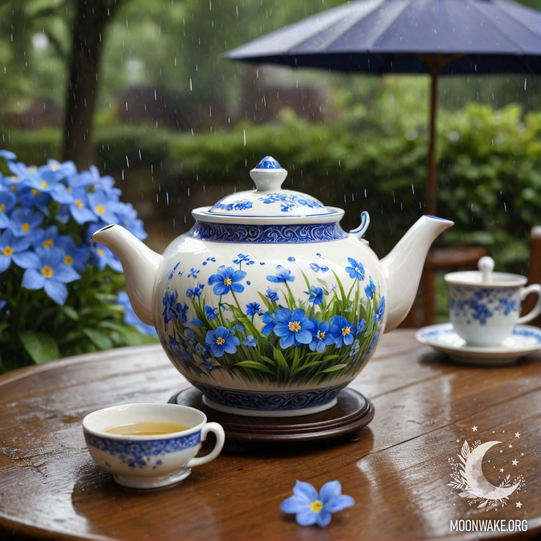 Круглый деревянный стол с фарфоровым чайником, наполненным голубыми цветами под дождем.