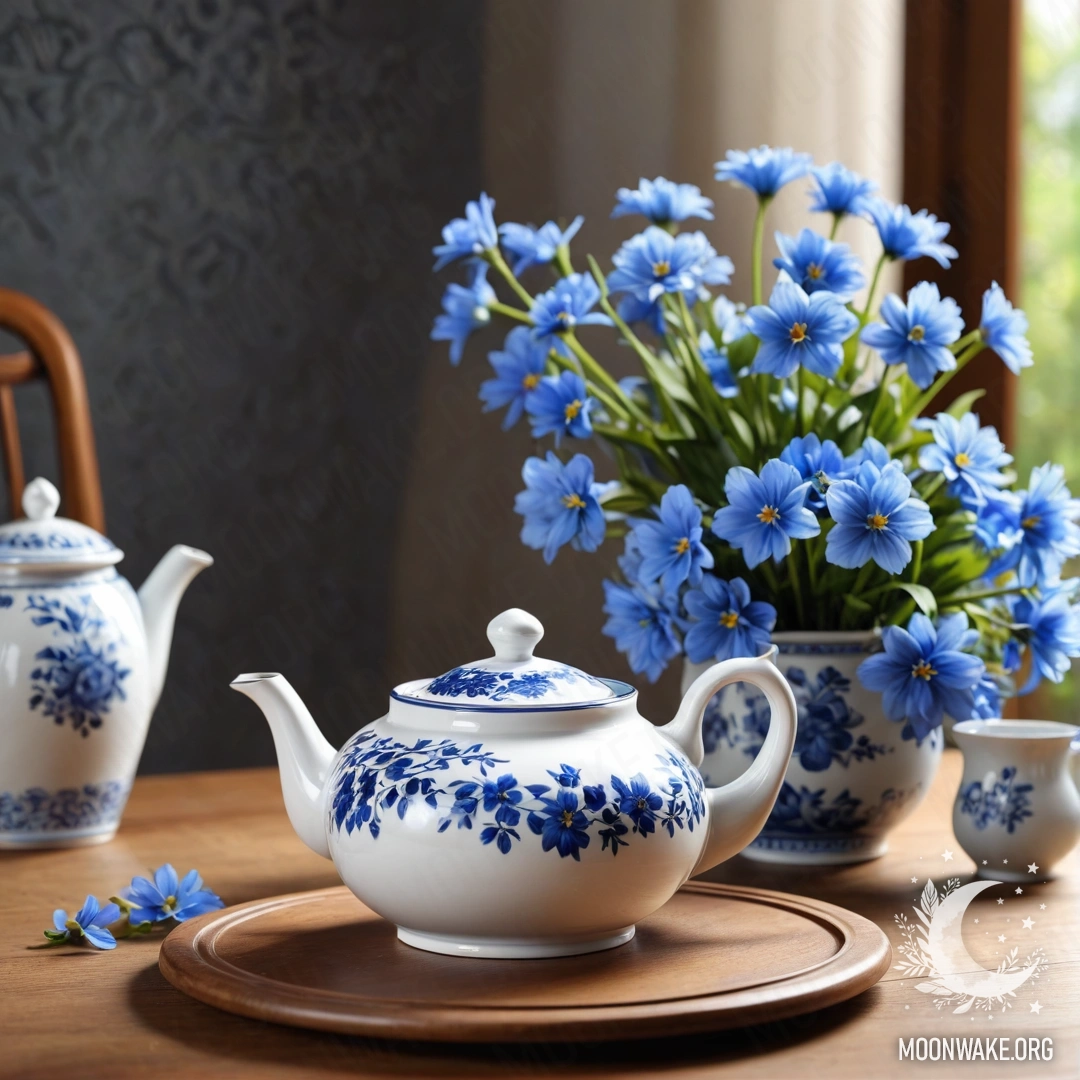 Спокойная сцена с круглым деревянным столом, на котором находится фарфоровый чайник и голубые цветы внутри него.