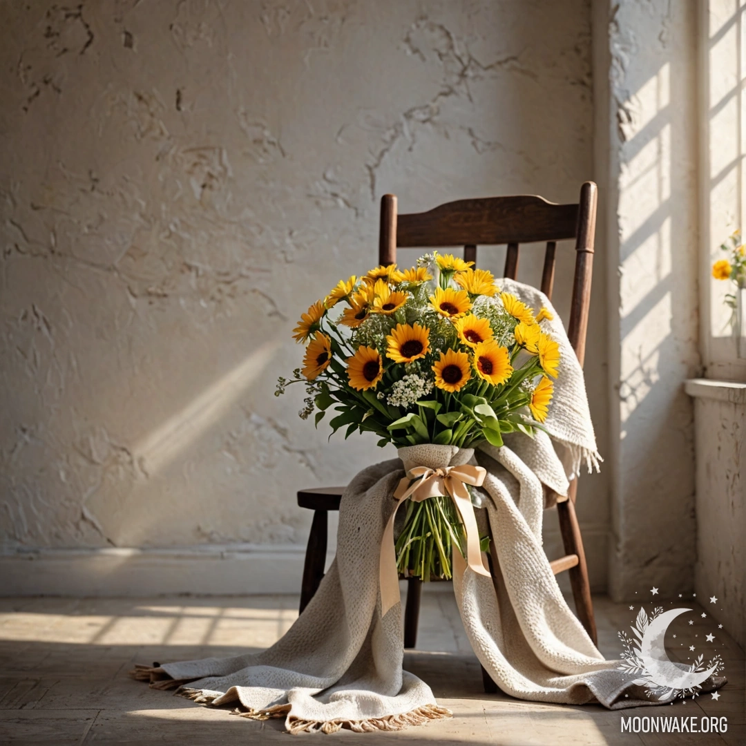 Старый деревянный стол с банкой цветов и светящейся гирляндой на фоне.