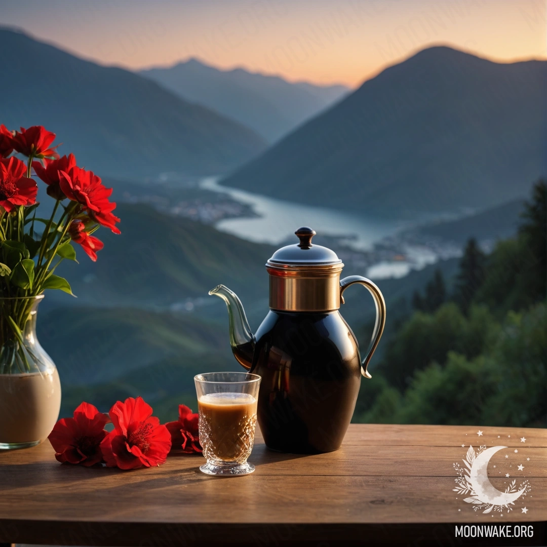 Мирный деревянный стол на фоне величественных гор ночью, украшенный банкой с красными цветами, кофейником и чашками.