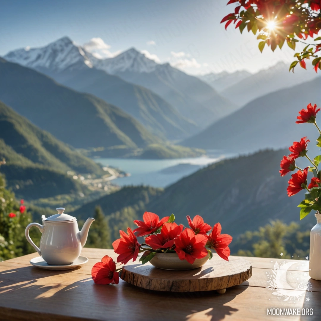 Уютный деревянный стол с красными цветами, кофейником и чашками на фоне гор, залитых солнечными лучами.
